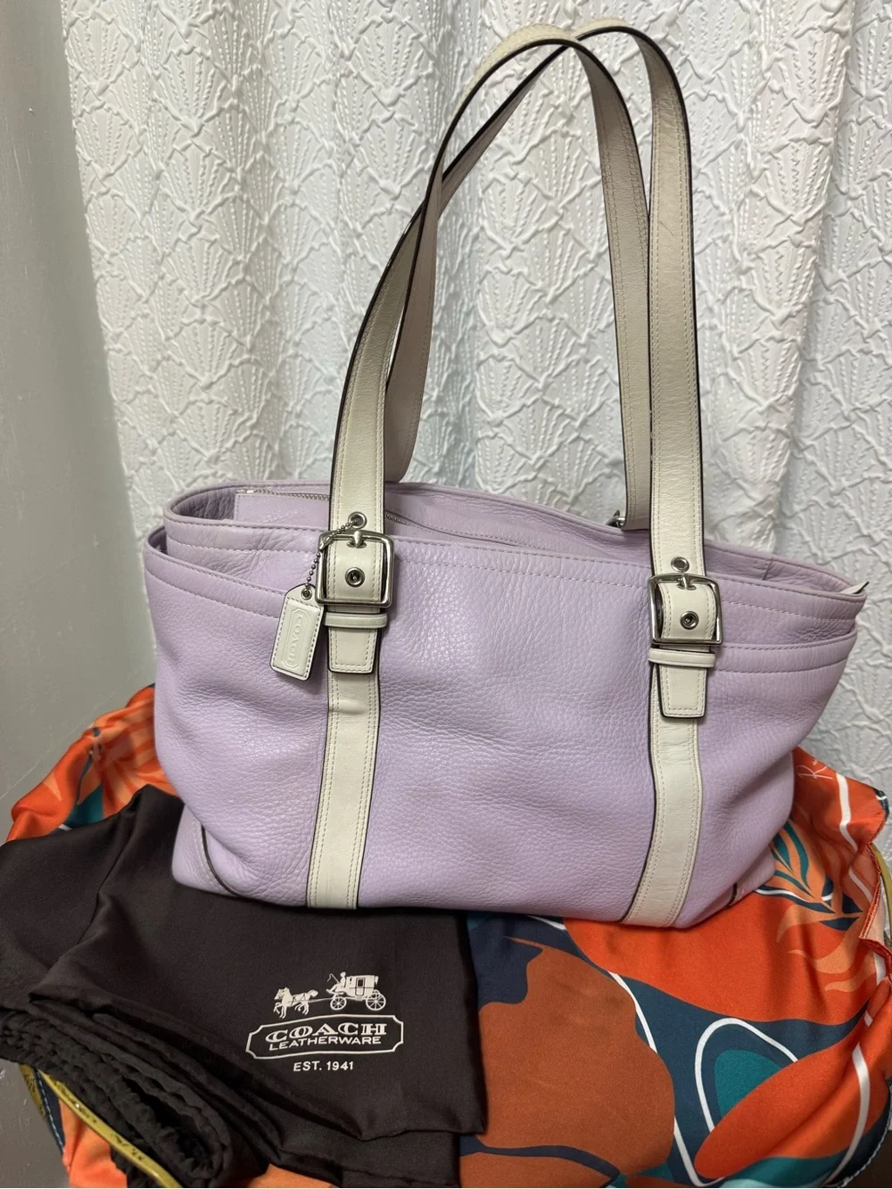 Coach Lilac Leather Tote with Cream Trim and Straps
